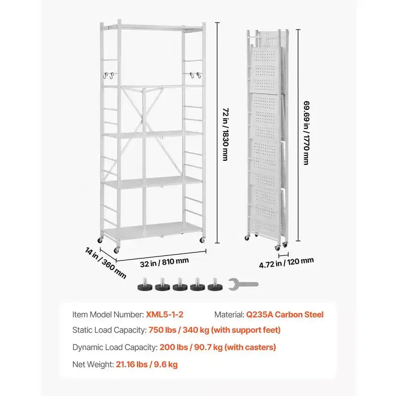 Étagère de rangement pliable VEVOR à 5 niveaux, unité d'étagères en métal pliable 81W x 35D x 183H cm, étagère de rangement sans assemblage avec 5 roulettes et 4 crochets, blanche