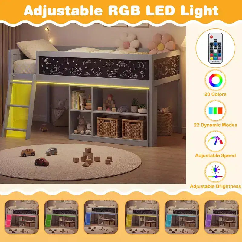 Lit mezzanine enfant Costway avec lumières LED, tableau noir et bibliothèque amovible, barrière de sécurité