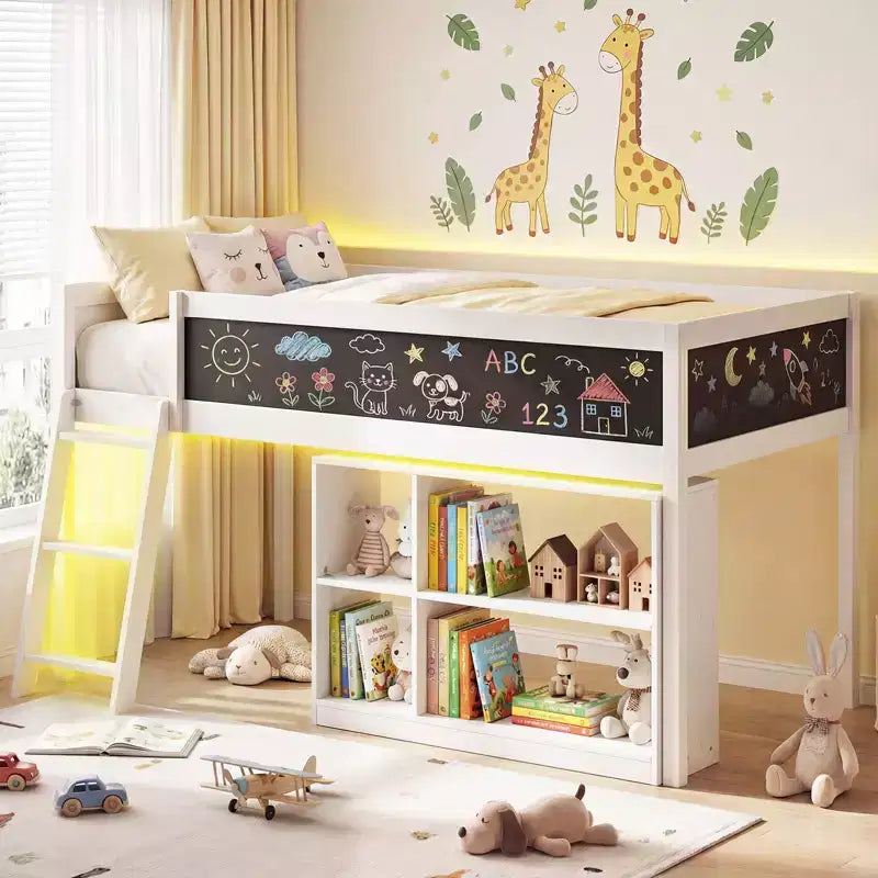 Lit mezzanine enfant Costway avec lumières LED, tableau noir et bibliothèque amovible, barrière de sécurité