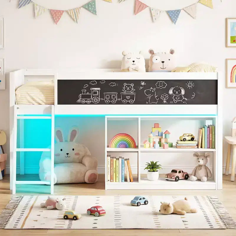Lit mezzanine enfant Costway avec lumières LED, tableau noir et bibliothèque amovible, barrière de sécurité