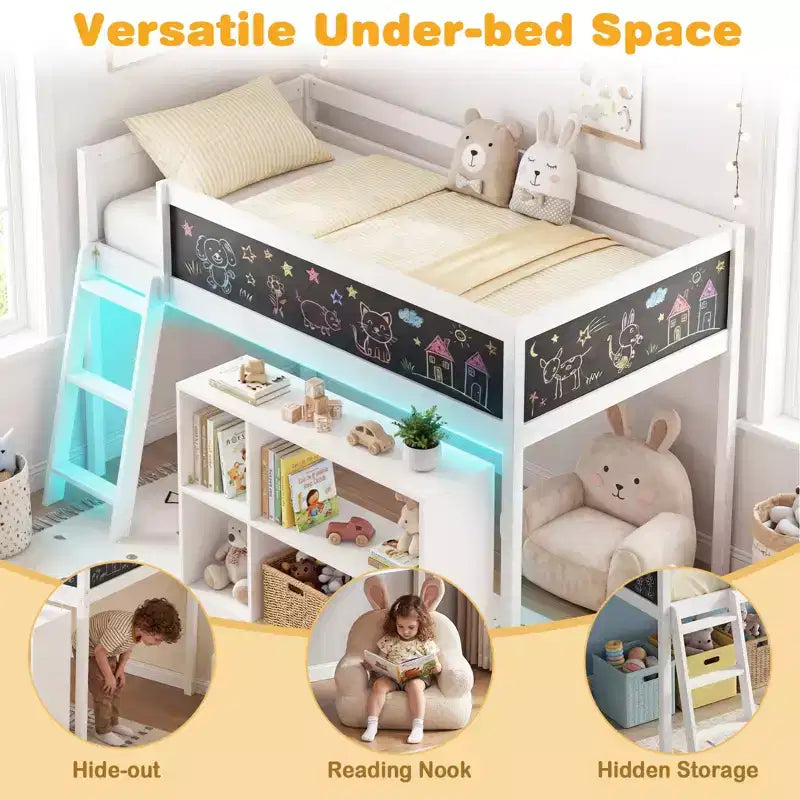 Lit mezzanine enfant Costway avec lumières LED, tableau noir et bibliothèque amovible, barrière de sécurité