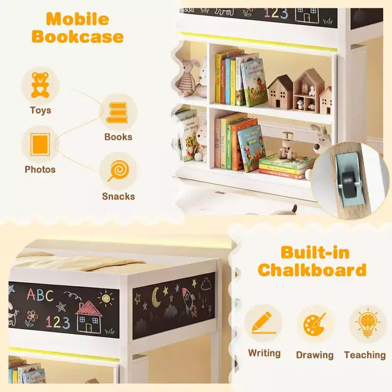 Lit mezzanine enfant Costway avec lumières LED, tableau noir et bibliothèque amovible, barrière de sécurité