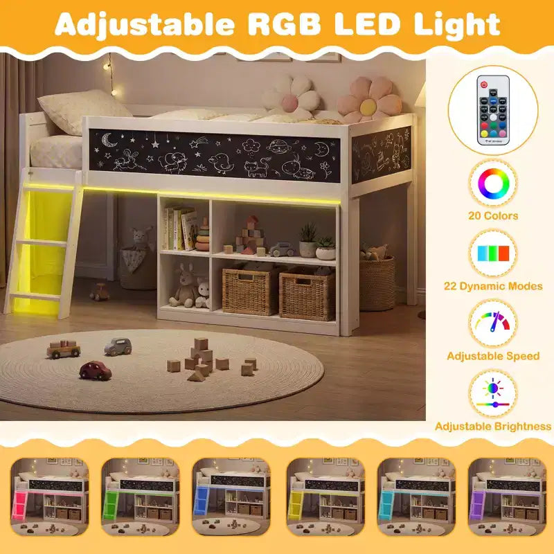 Lit mezzanine enfant Costway avec lumières LED, tableau noir et bibliothèque amovible, barrière de sécurité