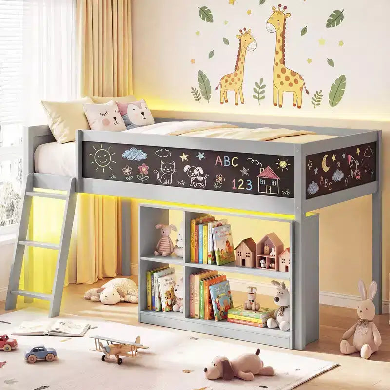 Lit mezzanine enfant Costway avec lumières LED, tableau noir et bibliothèque amovible, barrière de sécurité