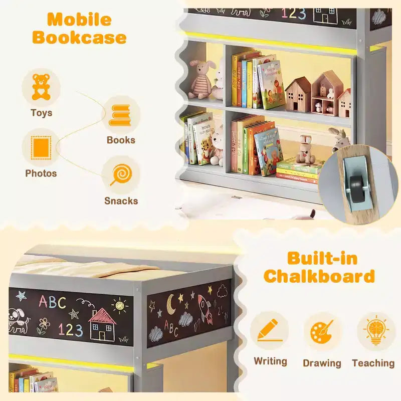 Lit mezzanine enfant Costway avec lumières LED, tableau noir et bibliothèque amovible, barrière de sécurité