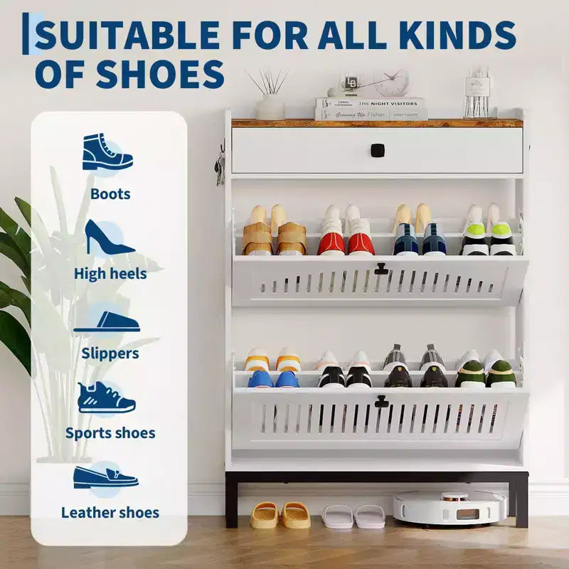 41.3 Meuble à chaussures avec 4 tiroirs basculants, organisateur de rangement en bois pour entrée avec étagère réglable, range-chaussures dissimulé pour couloir et salon