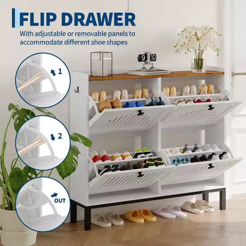 41.3 Meuble à chaussures avec 4 tiroirs basculants, organisateur de rangement en bois pour entrée avec étagère réglable, range-chaussures dissimulé pour couloir et salon
