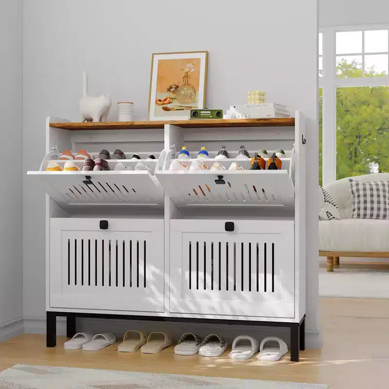 41.3 Meuble à chaussures avec 4 tiroirs basculants, organisateur de rangement en bois pour entrée avec étagère réglable, range-chaussures dissimulé pour couloir et salon