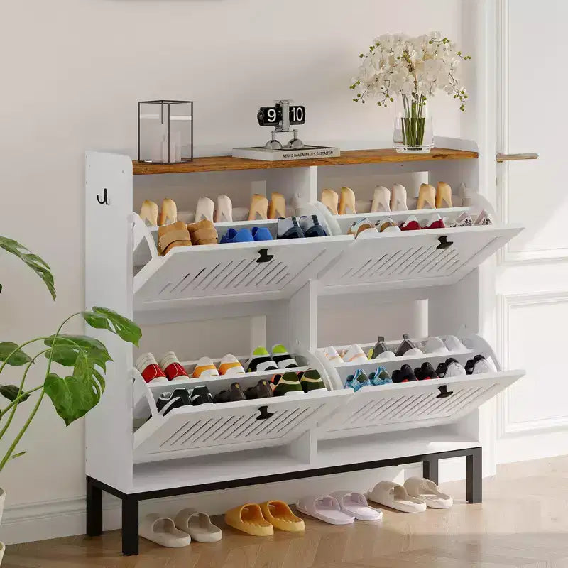 41.3 Meuble à chaussures avec 4 tiroirs basculants, organisateur de rangement en bois pour entrée avec étagère réglable, range-chaussures dissimulé pour couloir et salon