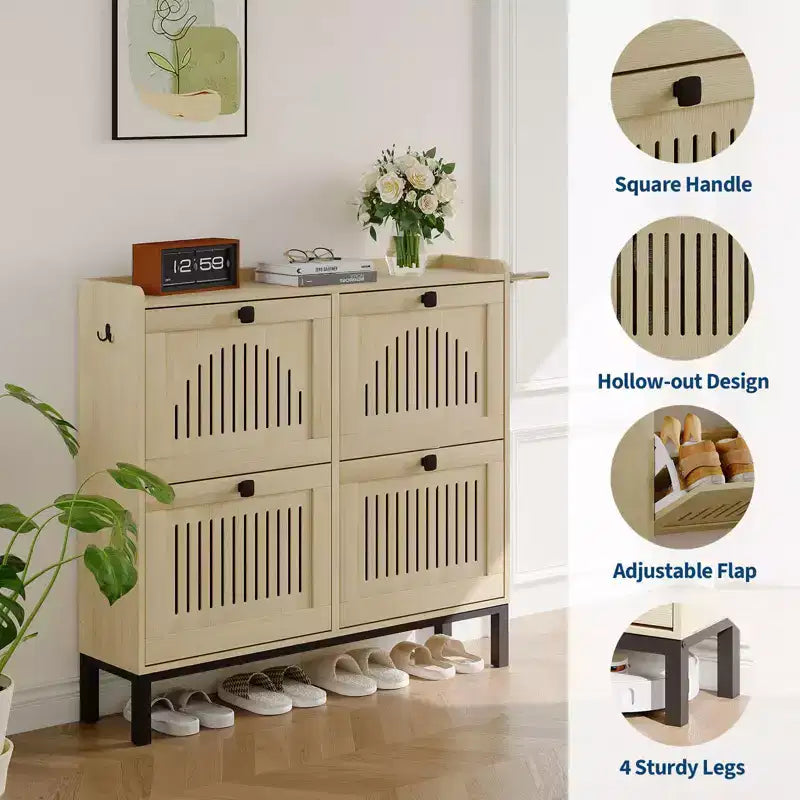 41.3 Meuble à chaussures avec 4 tiroirs basculants, organisateur de rangement en bois pour entrée avec étagère réglable, range-chaussures dissimulé pour couloir et salon