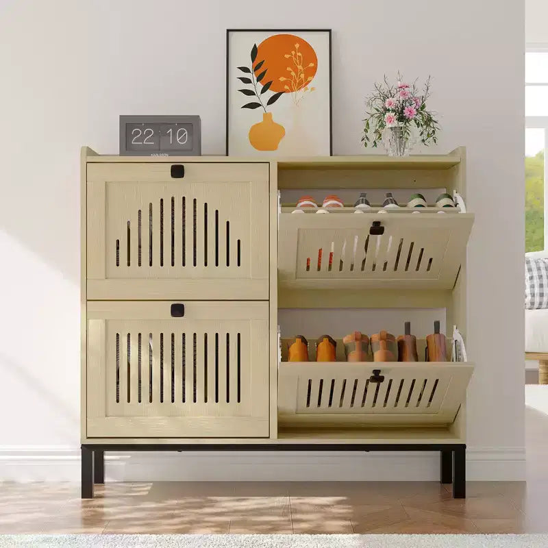 41.3 Meuble à chaussures avec 4 tiroirs basculants, organisateur de rangement en bois pour entrée avec étagère réglable, range-chaussures dissimulé pour couloir et salon