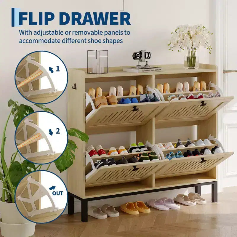 41.3 Meuble à chaussures avec 4 tiroirs basculants, organisateur de rangement en bois pour entrée avec étagère réglable, range-chaussures dissimulé pour couloir et salon