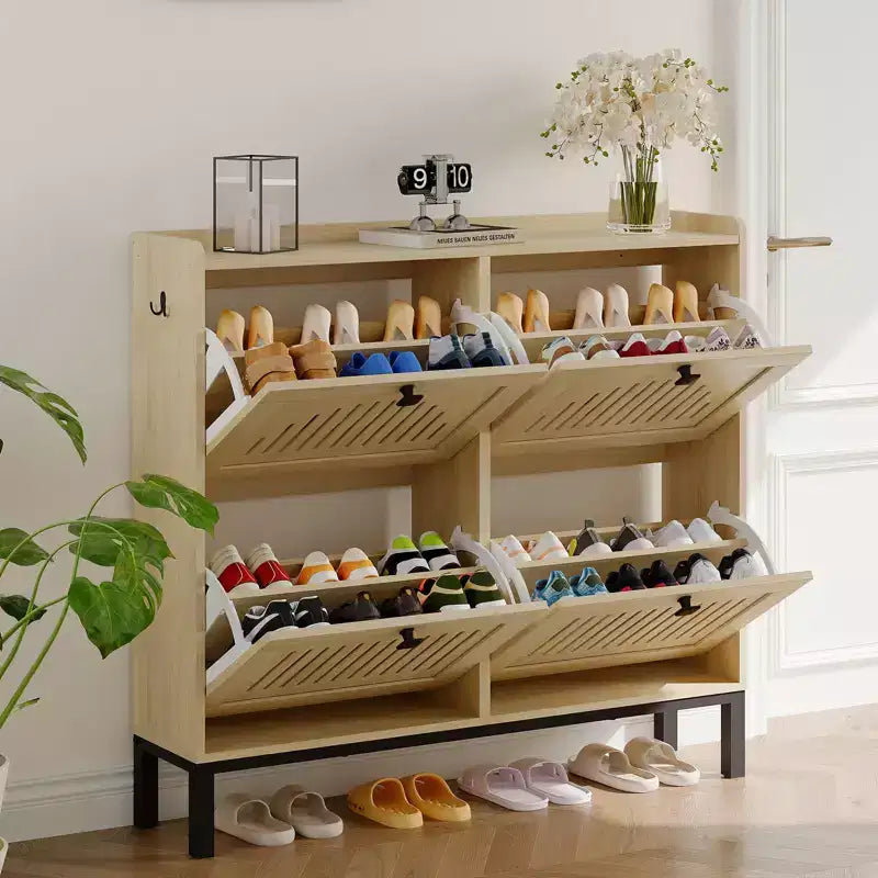 41.3 Meuble à chaussures avec 4 tiroirs basculants, organisateur de rangement en bois pour entrée avec étagère réglable, range-chaussures dissimulé pour couloir et salon