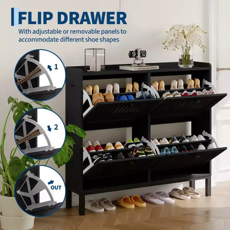 41.3 Meuble à chaussures avec 4 tiroirs basculants, organisateur de rangement en bois pour entrée avec étagère réglable, range-chaussures dissimulé pour couloir et salon