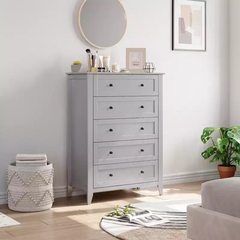 Commode haute 5 tiroirs, poignées noires et tiroirs profonds, grand organisateur de rangement pour chambre à coucher et salon