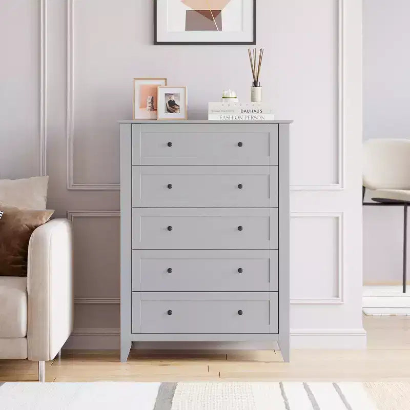 Commode haute 5 tiroirs, poignées noires et tiroirs profonds, grand organisateur de rangement pour chambre à coucher et salon