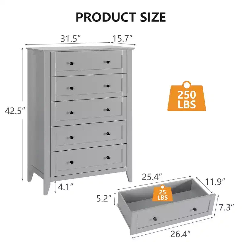Commode haute 5 tiroirs, poignées noires et tiroirs profonds, grand organisateur de rangement pour chambre à coucher et salon