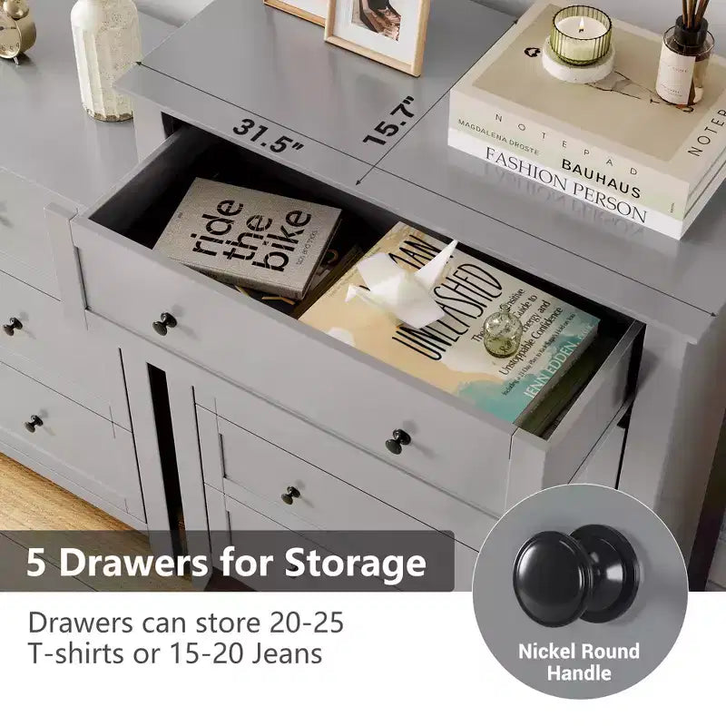 Commode haute 5 tiroirs, poignées noires et tiroirs profonds, grand organisateur de rangement pour chambre à coucher et salon