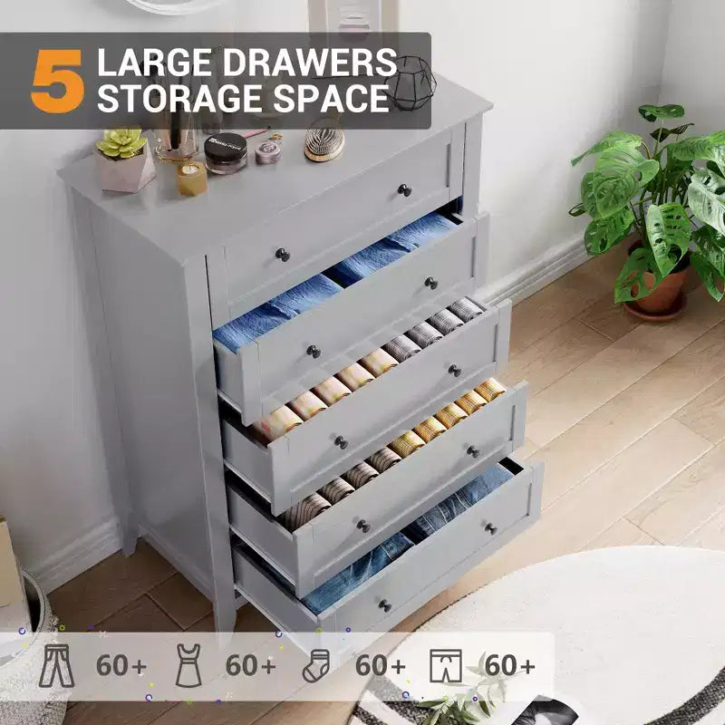 Commode haute 5 tiroirs, poignées noires et tiroirs profonds, grand organisateur de rangement pour chambre à coucher et salon