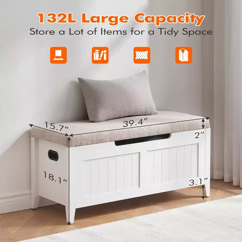 Banc de rangement en bois de 39,4 pouces avec coussin, banc à chaussures pour entrée avec couvercle relevable et coffre de salon, montage facile, capacité de 260 lb, charnières de sécurité