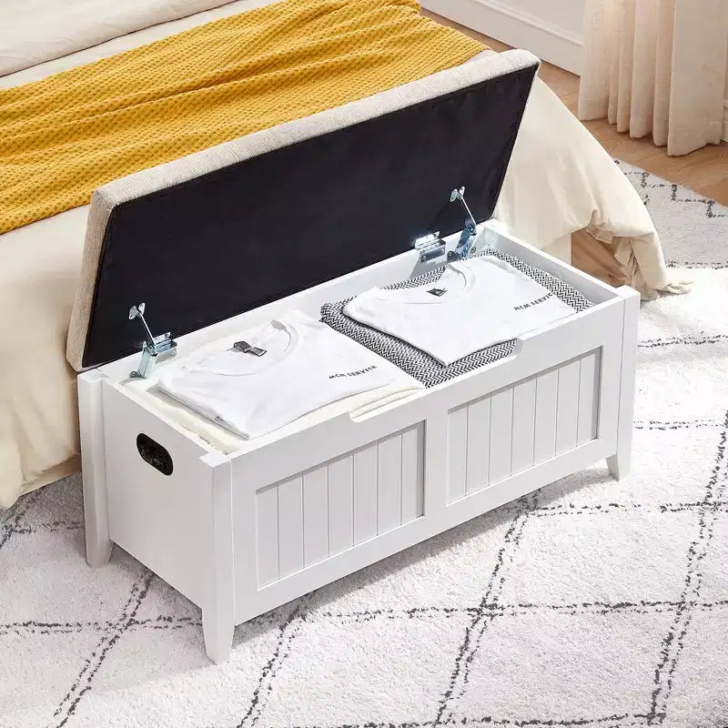 Banc de rangement en bois de 39,4 pouces avec coussin, banc à chaussures pour entrée avec couvercle relevable et coffre de salon, montage facile, capacité de 260 lb, charnières de sécurité