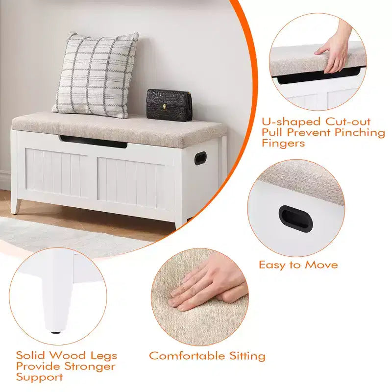 Banc de rangement en bois de 39,4 pouces avec coussin, banc à chaussures pour entrée avec couvercle relevable et coffre de salon, montage facile, capacité de 260 lb, charnières de sécurité