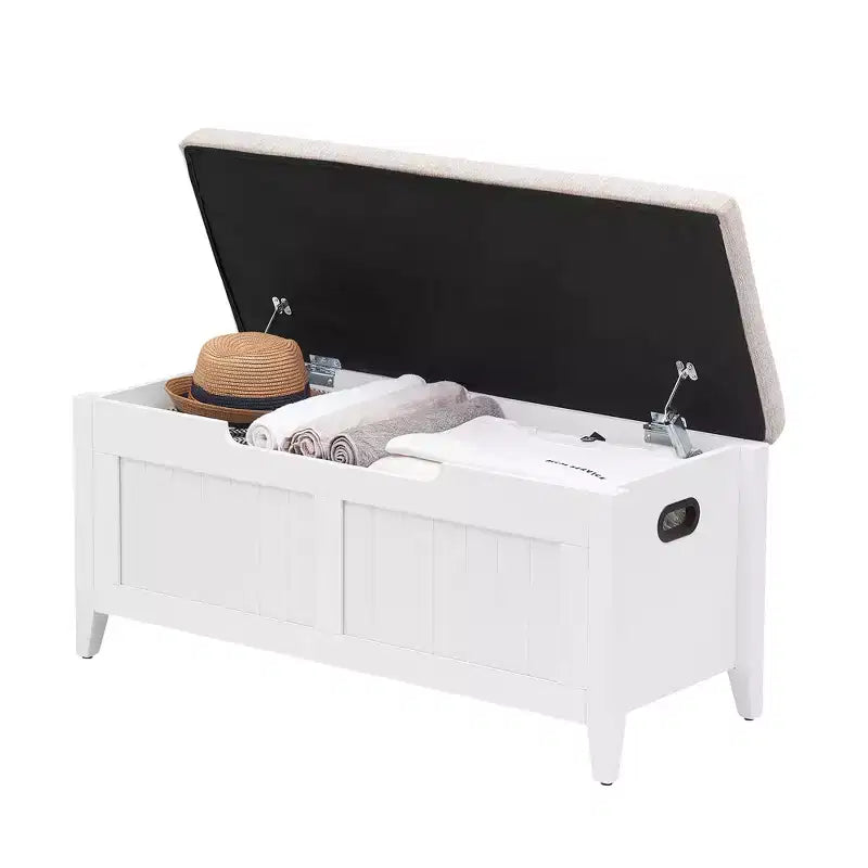 Banc de rangement en bois de 39,4 pouces avec coussin, banc à chaussures pour entrée avec couvercle relevable et coffre de salon, montage facile, capacité de 260 lb, charnières de sécurité
