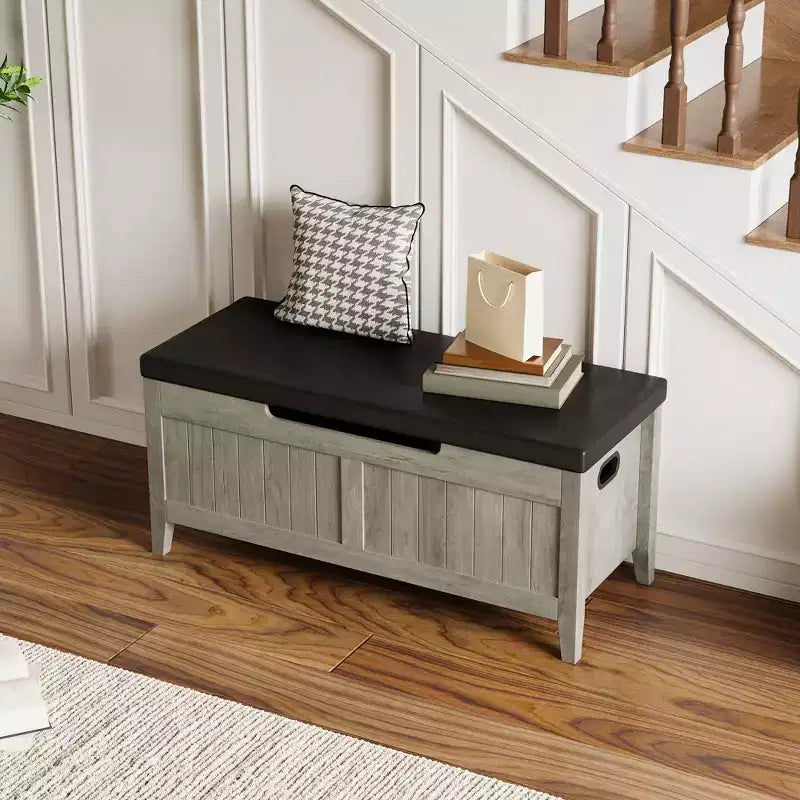 Banc de rangement en bois de 39,4 pouces avec coussin, banc à chaussures pour entrée avec couvercle relevable et coffre de salon, montage facile, capacité de 260 lb, charnières de sécurité