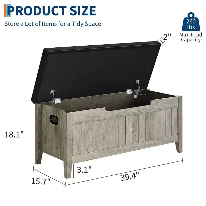 Banc de rangement en bois de 39,4 pouces avec coussin, banc à chaussures pour entrée avec couvercle relevable et coffre de salon, montage facile, capacité de 260 lb, charnières de sécurité