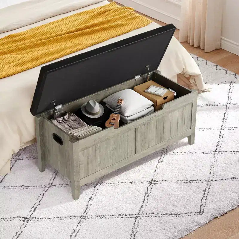 Banc de rangement en bois de 39,4 pouces avec coussin, banc à chaussures pour entrée avec couvercle relevable et coffre de salon, montage facile, capacité de 260 lb, charnières de sécurité