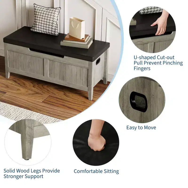 Banc de rangement en bois de 39,4 pouces avec coussin, banc à chaussures pour entrée avec couvercle relevable et coffre de salon, montage facile, capacité de 260 lb, charnières de sécurité