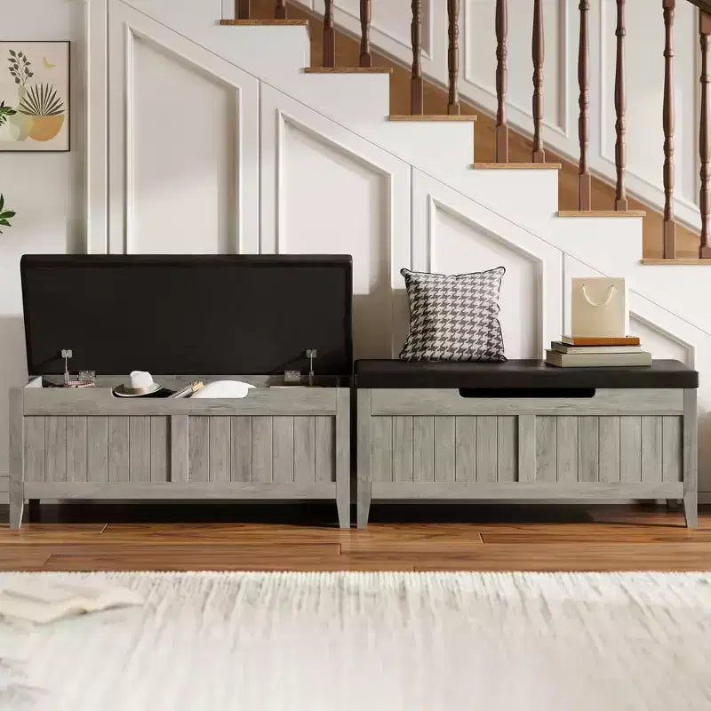 Banc de rangement en bois de 39,4 pouces avec coussin, banc à chaussures pour entrée avec couvercle relevable et coffre de salon, montage facile, capacité de 260 lb, charnières de sécurité
