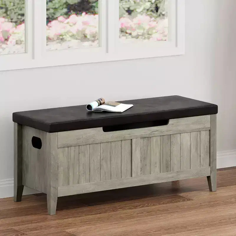 Banc de rangement en bois de 39,4 pouces avec coussin, banc à chaussures pour entrée avec couvercle relevable et coffre de salon, montage facile, capacité de 260 lb, charnières de sécurité