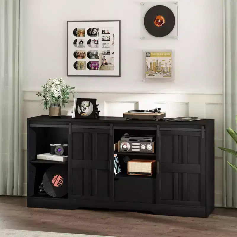 JVNOXK TV Stand for 65 Inch TV, Mid Century Modern Entertainment Center with Sliding Barn Doors, Black