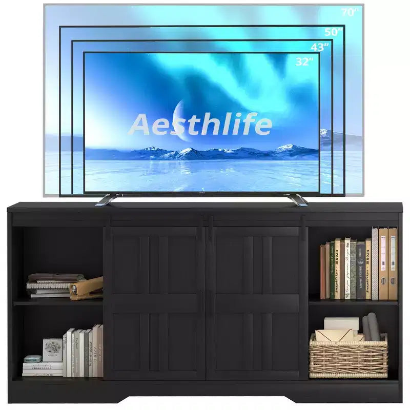 Meuble TV JVNOXK pour téléviseur 65 pouces, centre de divertissement moderne du milieu du siècle avec portes de grange coulissantes, noir