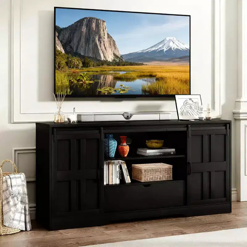 Meuble TV JVNOXK pour téléviseur 65 pouces, centre de divertissement moderne du milieu du siècle avec portes de grange coulissantes, noir