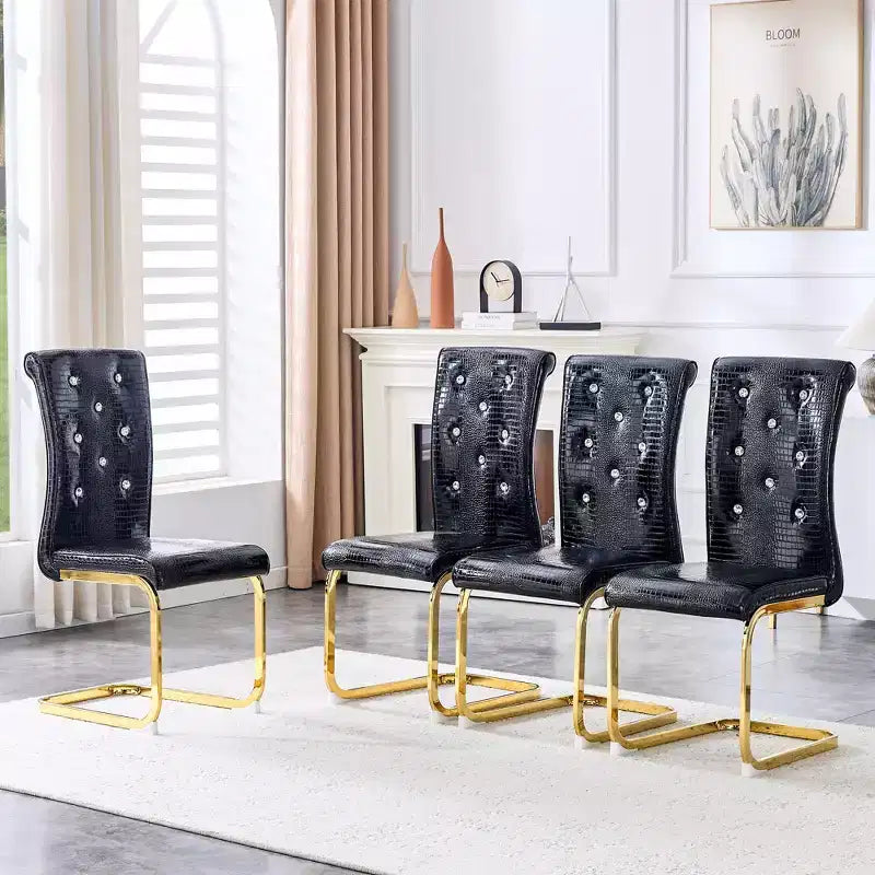 Set of 4 Upholstered Dining Chairs with Faux Leather and Crystal Buckle Details, with Durable Metal Legs