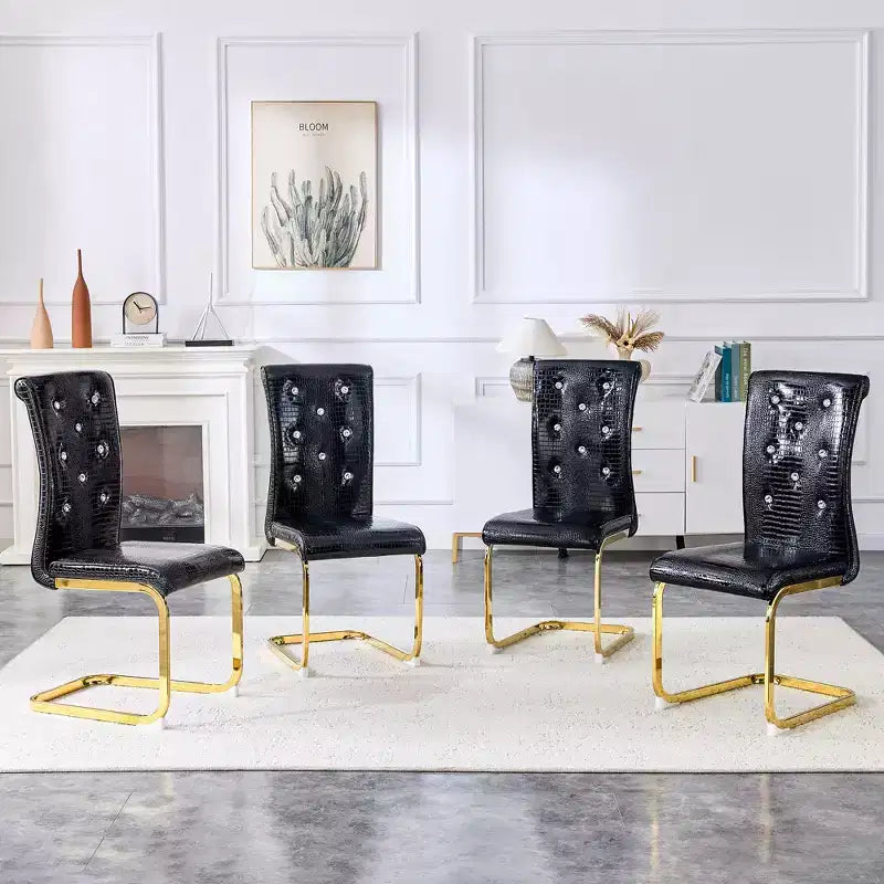 Lot de 4 Chaises de Salle à Manger Rembourrées en Similicuir avec Détails de Boucle en Cristal et Pieds en Métal Durables