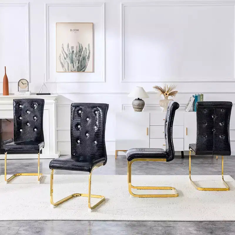 Lot de 4 Chaises de Salle à Manger Rembourrées en Similicuir avec Détails de Boucle en Cristal et Pieds en Métal Durables