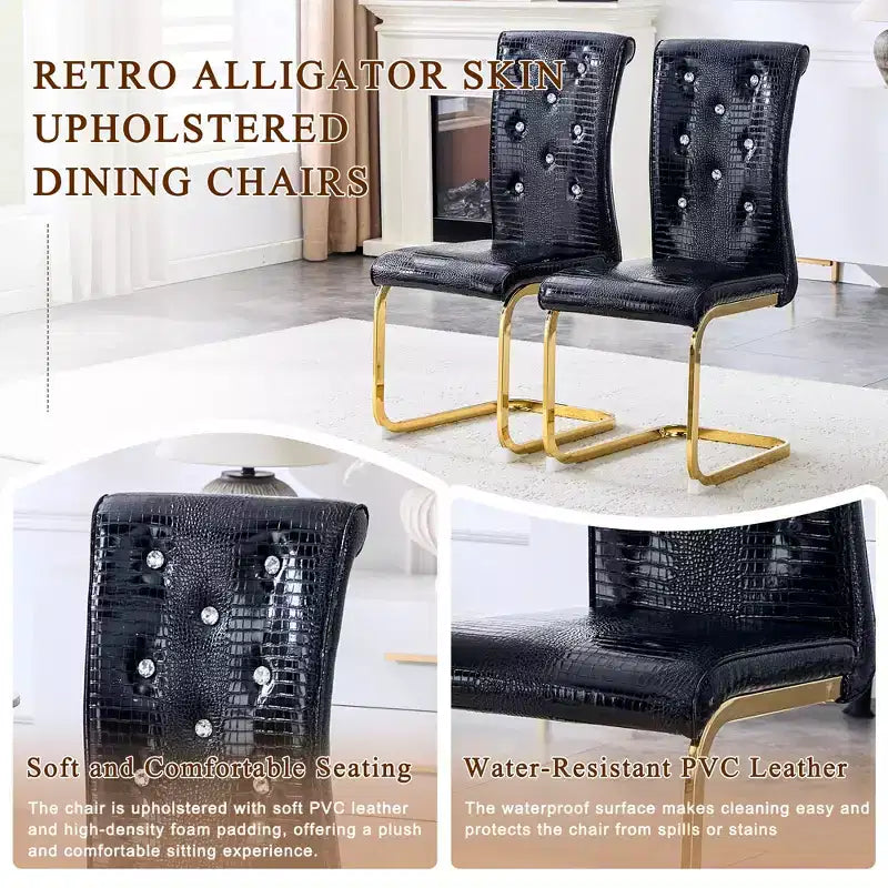 Lot de 4 Chaises de Salle à Manger Rembourrées en Similicuir avec Détails de Boucle en Cristal et Pieds en Métal Durables