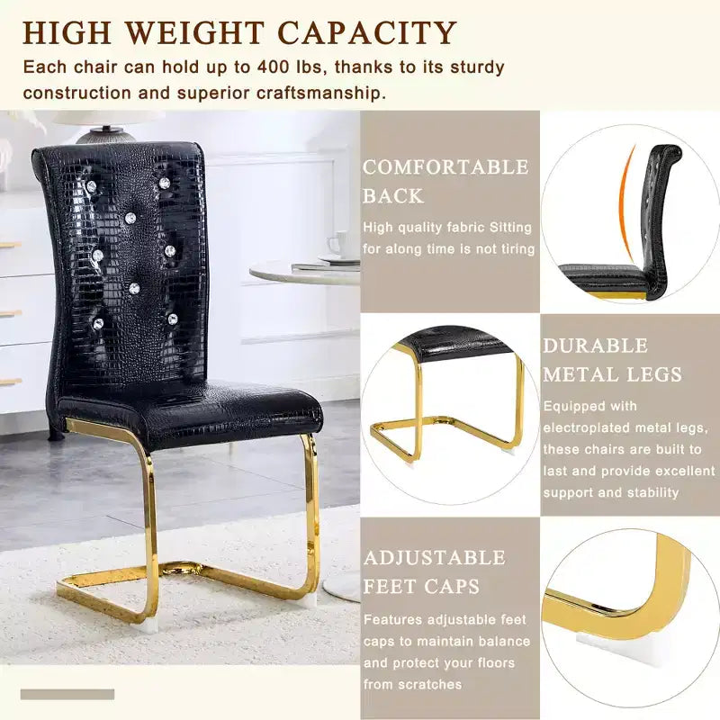 Lot de 4 Chaises de Salle à Manger Rembourrées en Similicuir avec Détails de Boucle en Cristal et Pieds en Métal Durables