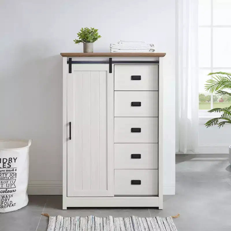 5-Drawer Dresser with Sliding Barn Door, Adjustable Shelves, and Metal Handles for Farmhouse Style