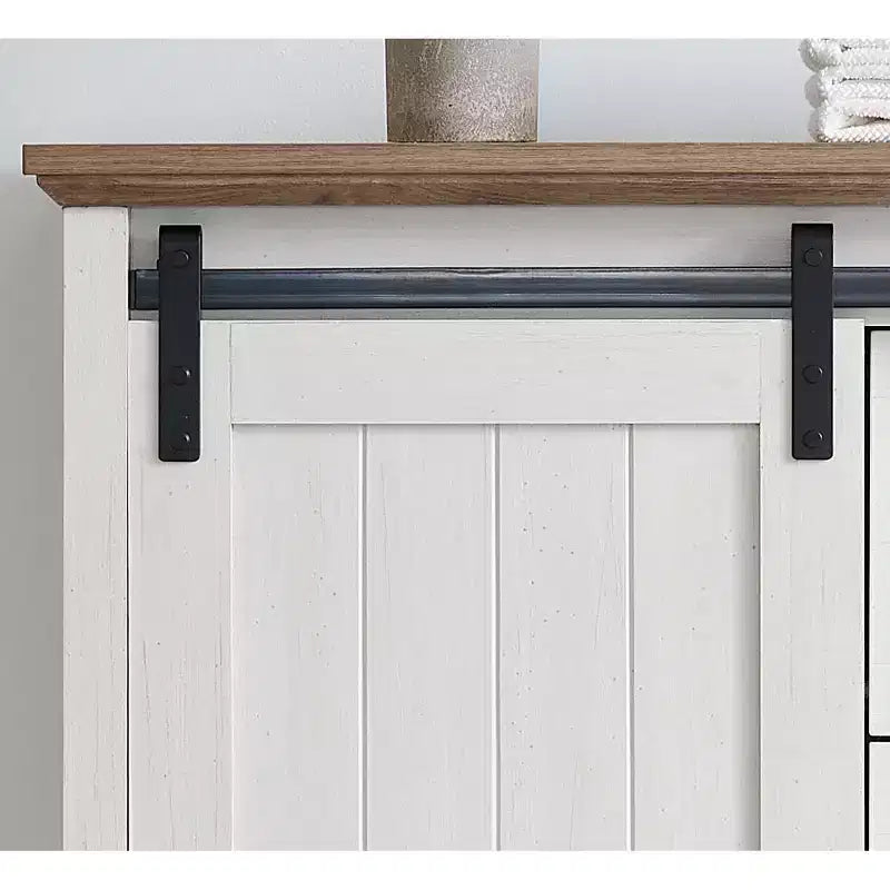 Commode 5 tiroirs avec porte coulissante de style grange, étagères réglables et poignées en métal pour un style fermier