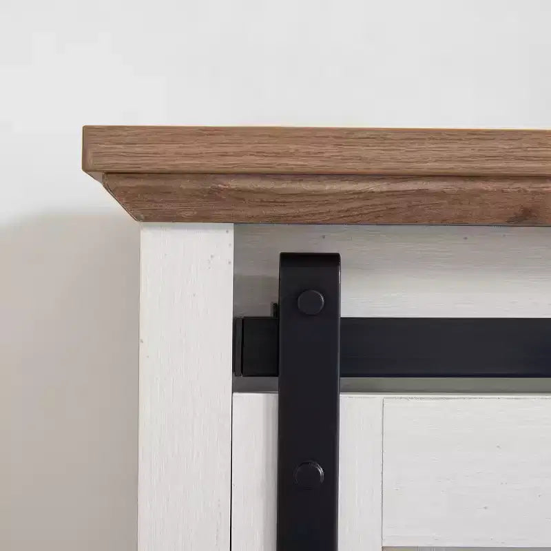 Commode 5 tiroirs avec porte coulissante de style grange, étagères réglables et poignées en métal pour un style fermier