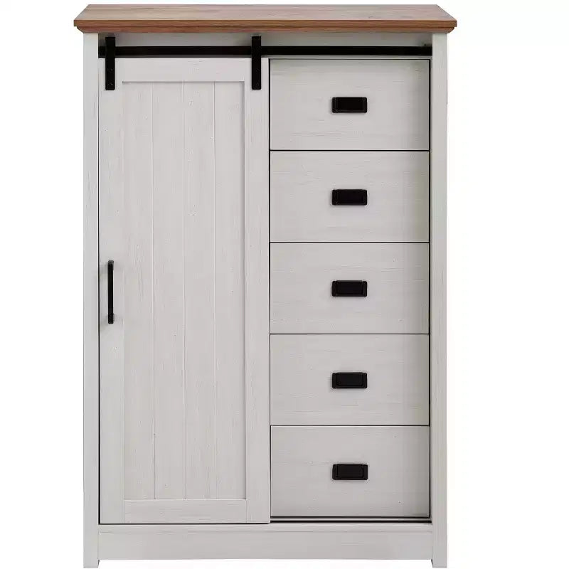 Commode 5 tiroirs avec porte coulissante de style grange, étagères réglables et poignées en métal pour un style fermier