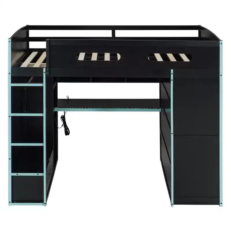 Lit mezzanine moderne pleine grandeur Luxystar avec armoire, bureau éclairé et rangement