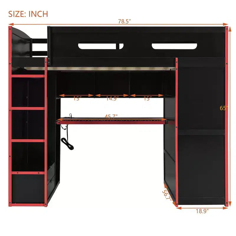 Lit mezzanine moderne pleine grandeur Luxystar avec armoire, bureau éclairé et rangement
