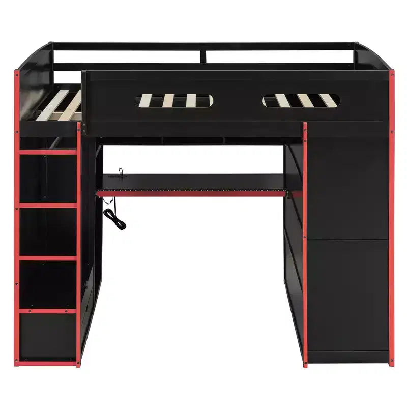 Lit mezzanine moderne pleine grandeur Luxystar avec armoire, bureau éclairé et rangement