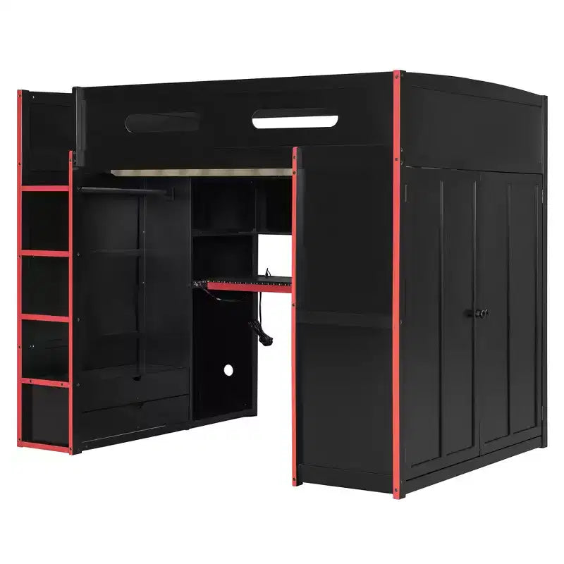 Lit mezzanine moderne pleine grandeur Luxystar avec armoire, bureau éclairé et rangement