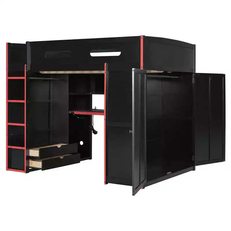 Lit mezzanine moderne pleine grandeur Luxystar avec armoire, bureau éclairé et rangement